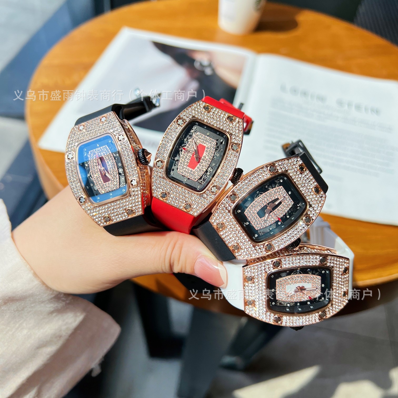 Richard's Same Style Women's Hollow Quartz Watch Barrel-Shaped Diamond-Encrusted Silicone Strap Fashionable and Simple Women's Watch Full of Diamonds