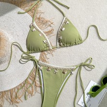 泳衣女2024新款贝壳欧美跨境bikini三角杯性感挂脖绑带系带游泳衣