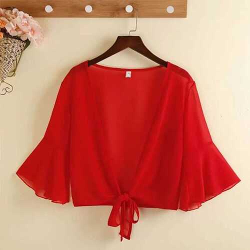 Summer Short-Sleeve Chiffon Scarf Collar Outerwear, Paired with Slip Dress, Women's Versatile Cover-up, Thin Open Cardigan