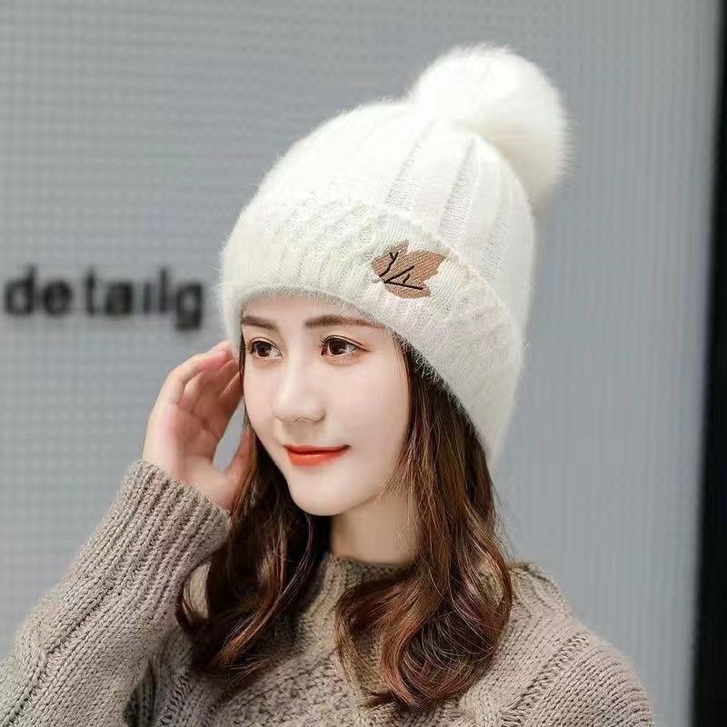 女性の秋と冬の多用途韓国スタイルのカエデの葉の刺繍ファッション厚いウールの帽子とベルベットの暖かいニットプルオーバー帽子|undefined