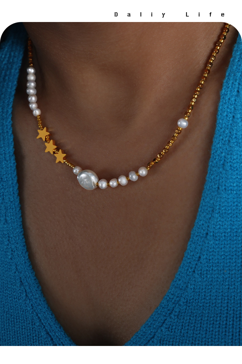 Daily Occasion 304 Stainless Steel, Freshwater Pearl Material Geometric, Star Pattern PVD Coated Real Gold Plated 18K Gold Geometric Star Freshwater Pearl Titanium Steel Elegant Retro Simple Style Waterproof Non Tarnish 304 Stainless Steel Necklace