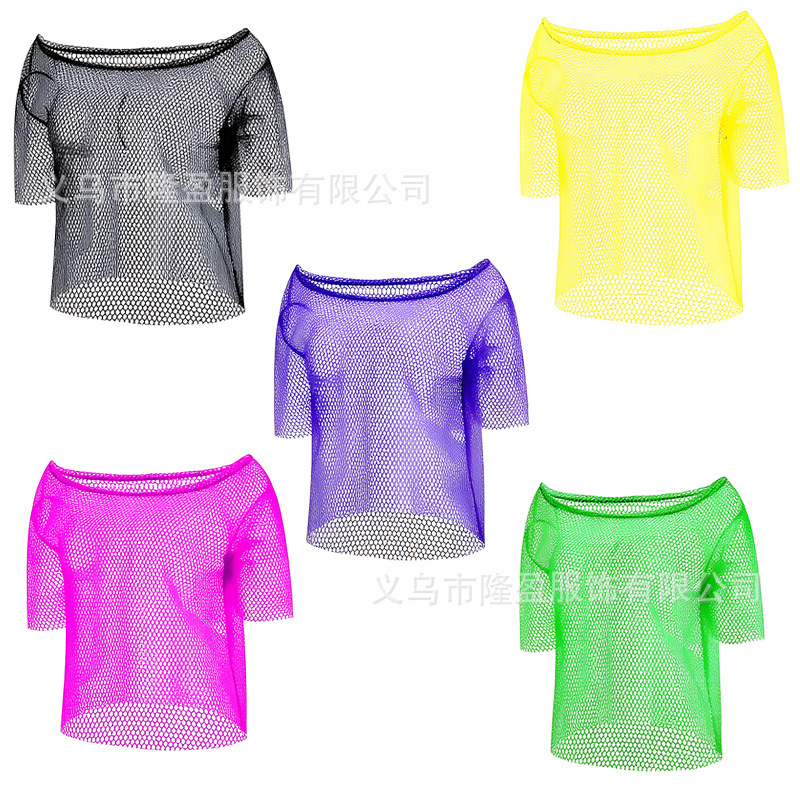 1980S Retro Neon Fishnet Short-Sleeved T-Shirt Disco Party Nightclub See-Through Mesh Top Available in Multiple Colors