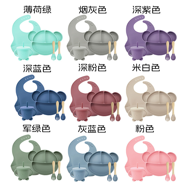 Dibujos animados Mickey Mouse vajilla traje infantil babero placa de silicona suplemento alimenticio tazón taza de paja materna e infantil suministros diarios