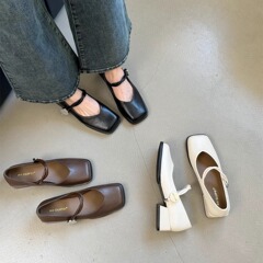 復古方頭粗跟瑪麗珍鞋女2024年春季新款仙女風溫柔一字帶中跟單鞋