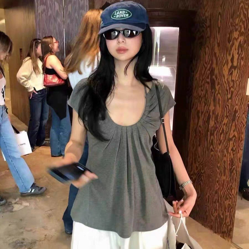 Shiyi·XH Korean-style fever-inspired short-sleeve T-shirt, Dongdaemun summer new lace-up U-neck slim-fit top for women