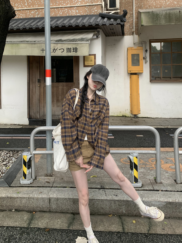 红人馆格子衬衫女秋季高级感chic别致上衣法式宽松咖色慵懒风衬衣|undefined