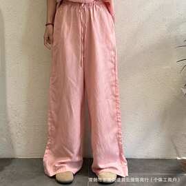2026夏季新款亚麻休闲裤女文艺百搭简约纯色松紧腰系带宽松直筒裤