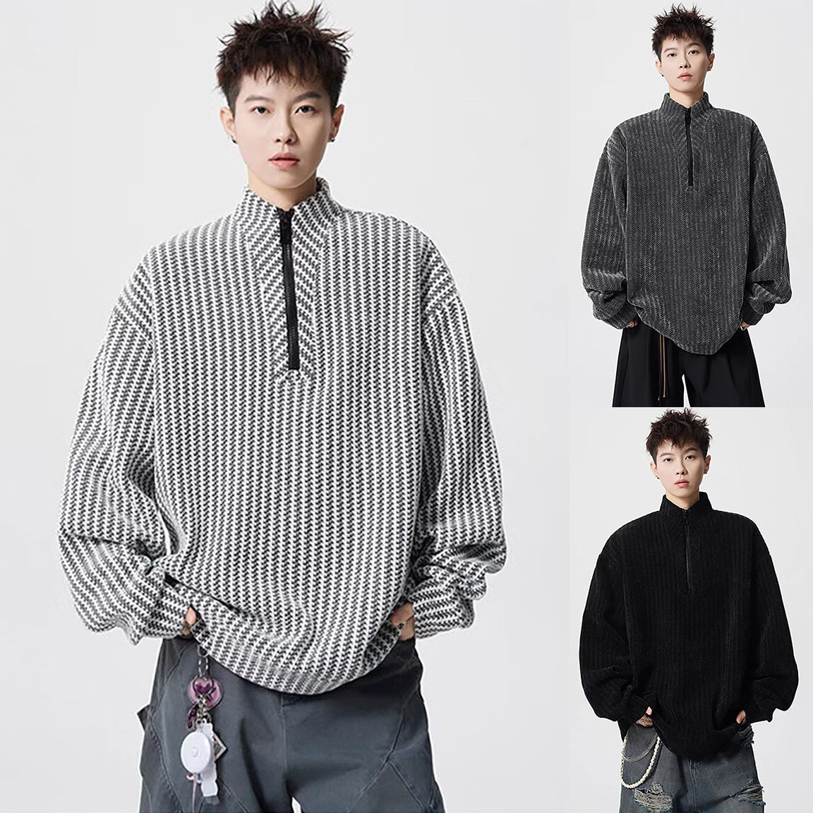 Hueso de pescado estriado semi-cremallera suéter hombre vello suave glutinoso primavera otoño manga larga medio alto cuello marea fábrica transfronteriza al por mayor