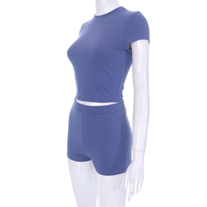 Women Clothing Spring Summer Solid Color Short Sleeve Casual Shorts Set