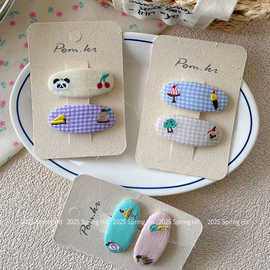 新款韩版椭圆格纹刺绣发夹儿童布艺侧边碎发刘海夹少女甜美掰掰夹