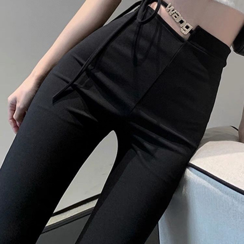 Irregular High-Waisted Micro-Flared Pants with Straps Slimming Pants Black Casual Pants