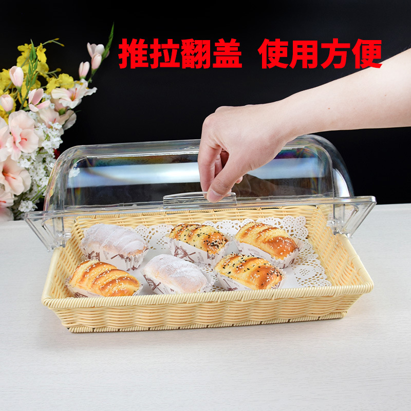 Cesta para pan, cesta para frutas, imitación ratán de plástico con tapa, cesta para exhibir alimentos, bandeja de ratán con tapa, transparente para puestos de venta