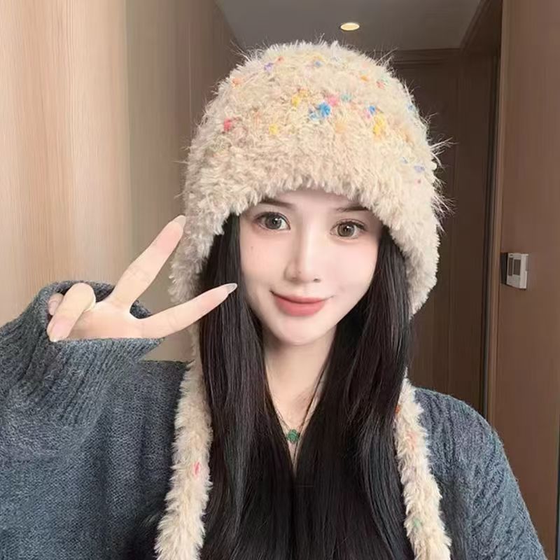 韩版ins彩色糖豆毛绒针织帽女秋冬保暖护耳毛线帽百搭显脸小帽子|undefined