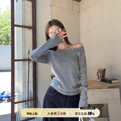 苏三三 斜肩设计感上衣女早秋针织衫韩系穿搭氛围感春秋灰色毛衣