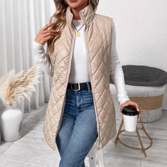 ヨーロッパとアメリカの2025年新作婦人服秋冬無地多用途ノースリーブスタンドカラー暖かい綿服ジッパーポケットベスト綿服