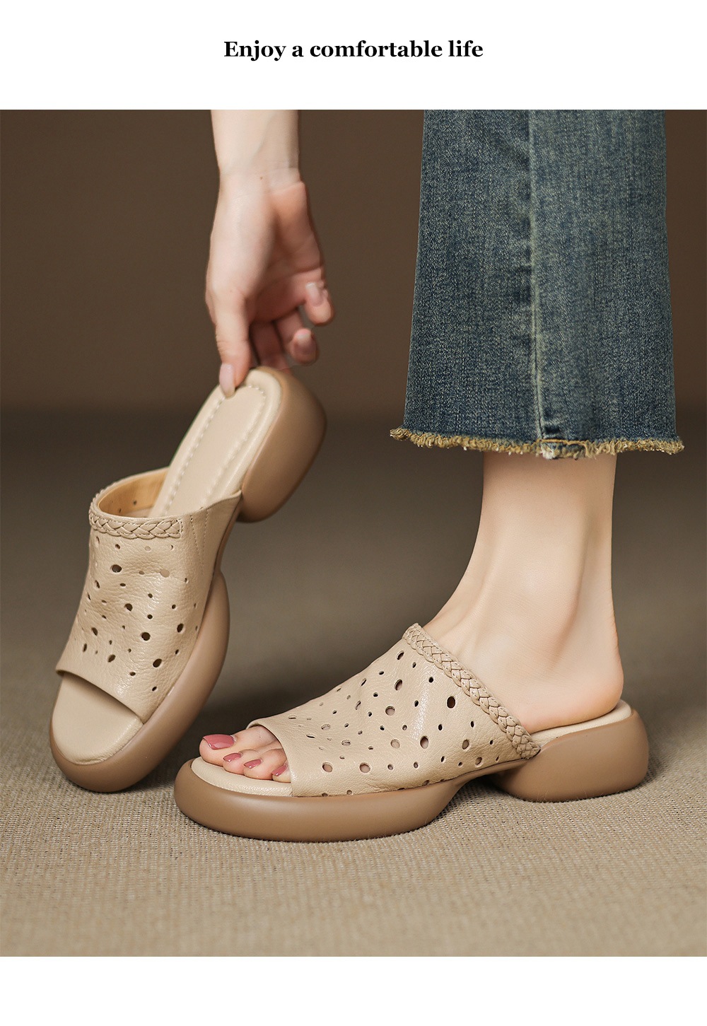 Dép sandal nữ quai chữ V đế dày da cừu mềm đi biển — đen chi tiết 14