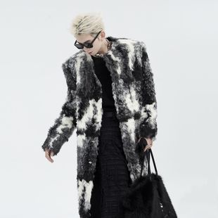 New Handsome 2023 Lamb Contrast Tie Dye Plush Jacket Winter Jacket Loose Men's Warm Coat Trendy