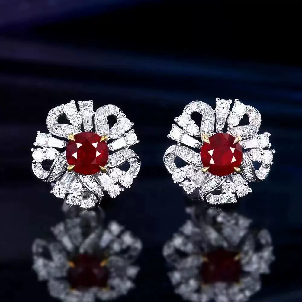 魅力小花款1.62克拉天然无烧鸽血红红宝石耳钉18K金耳钉耳环耳饰