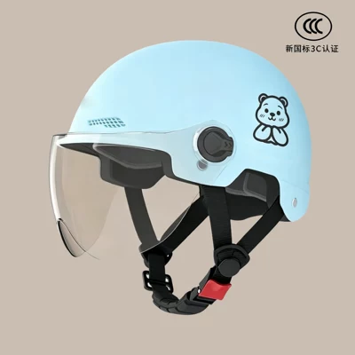 for all seasons, for electric scooters, Motosiklet kaskı (dəbilqə) - childrens-versionblue-transparent-short-glasses-little-bear