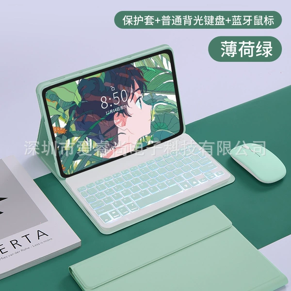 Transparent case, keyboard, green mouse