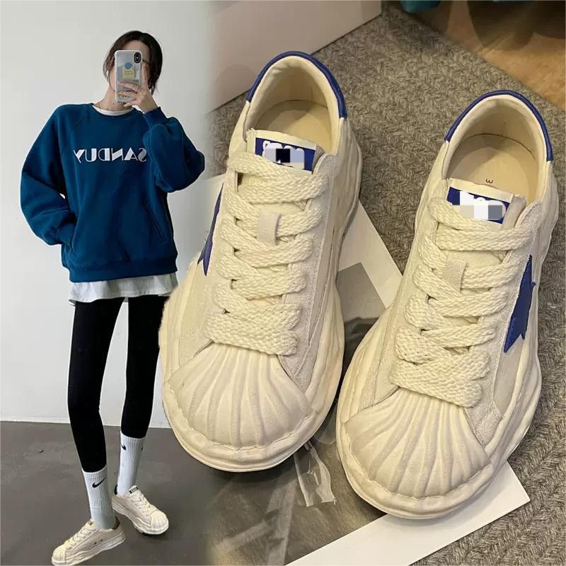 新款溶解贝壳头透气帆布鞋厚底增高小白鞋系带学生鞋五角星国潮男