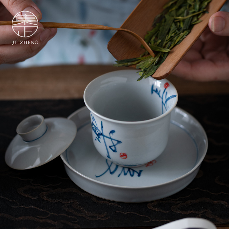 Jingdezhen Hand-painted Covered Bowl Single Handwritten Blue And White Changle Kungfu Tea Set Zen Tea Brewing Ceramic Small Tea Bowl