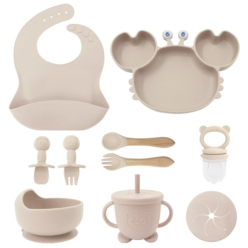 Plato de silicona para niños set de cangrejo para bebés alimentando bacon portátil para comer tenedor cuchara set de bolos de alimentos suplementarios