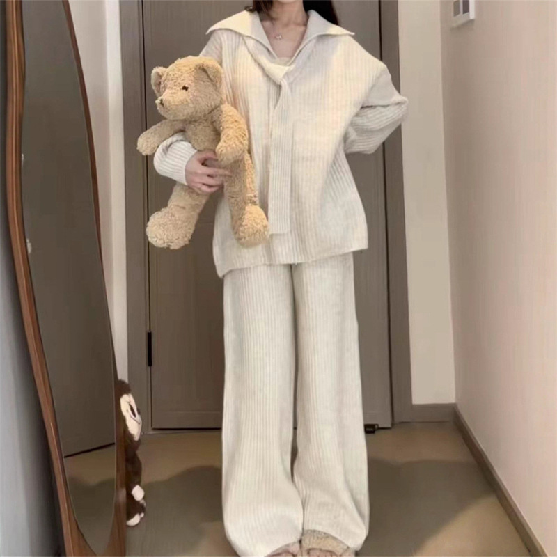 欧美时尚气质Polo领围脖毛衣高腰长裤针织衫秋冬新款跨境女式套装