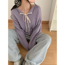 KANING韩系系带蕾丝翻领毛衣小外套女秋新款纯色百搭软糯针织开衫