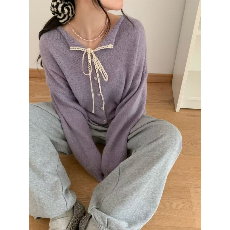 Kaning Korean Lace-Up Lace Lapel Sweater Small Outwear Women's Autumn New Pure Color Versatile Soft Waxy Knitted Cardigan