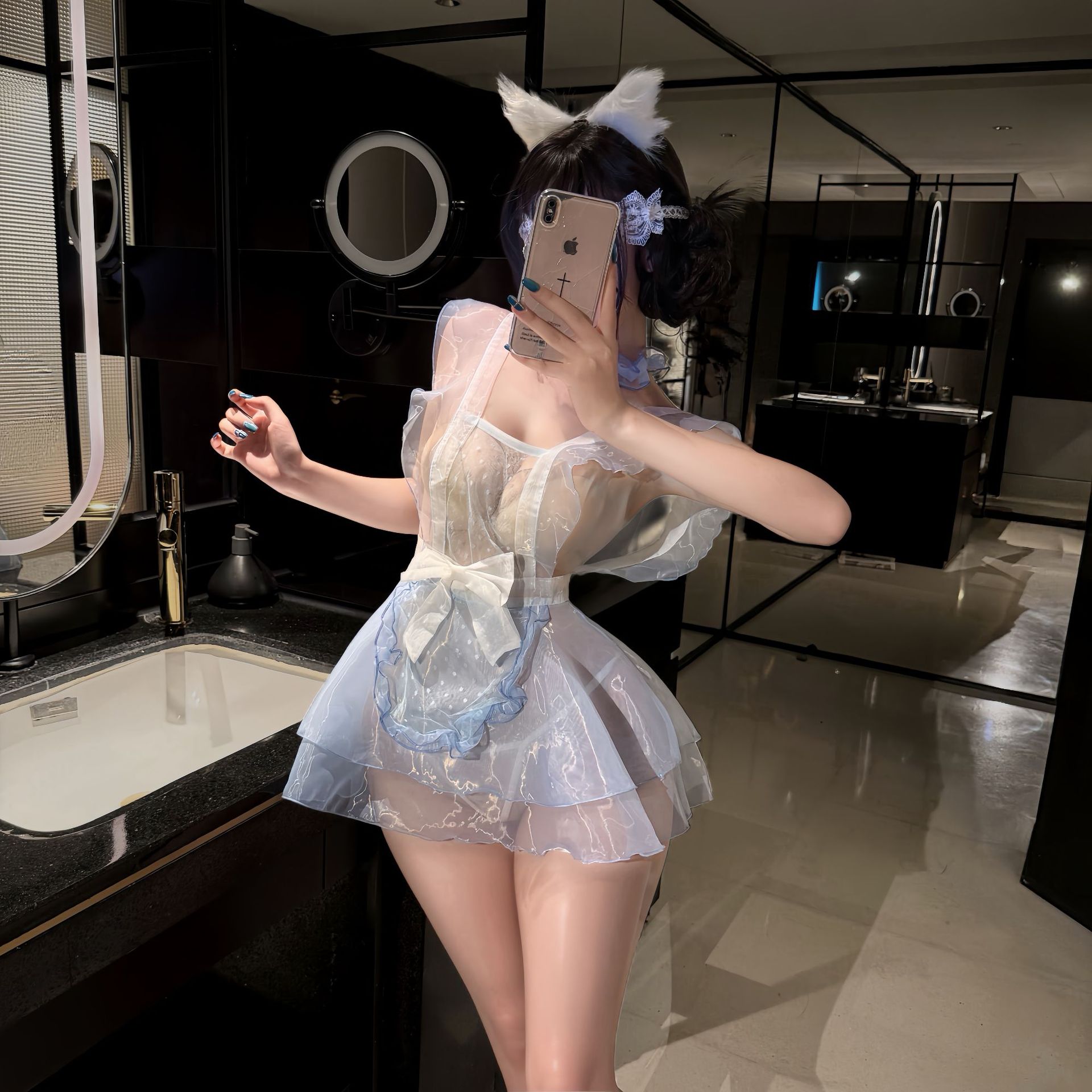 Sweetheart Nai Fu See-Through Mesh Maid Dress with Blue Blindfold — detail image 4