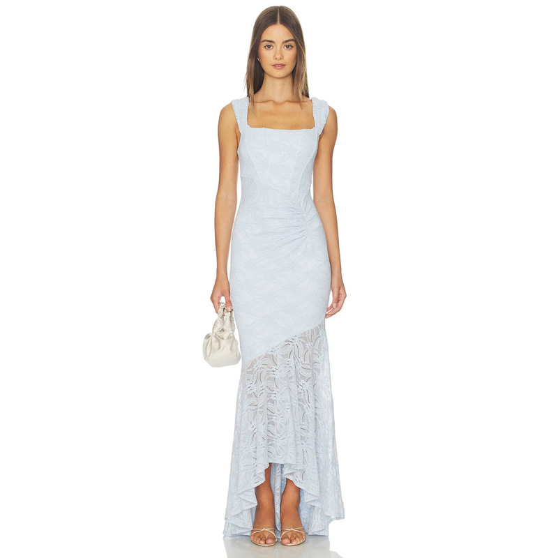 Fresh light blue lace long dress with square neckline, backless design, front and back ruching, slim fit, bodycon, high-low fishtail party dress Fresh light blue lace long dress with square neckline, backless design, front and back ruching, slim fit, bodycon, high-low fishtail party dress