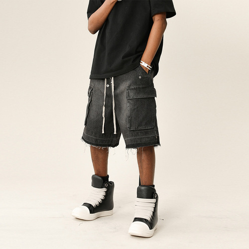 American high street RO style distressed edging multi-pocket jeans men's fashion brand retro patchwork workwear five-tenth pants 