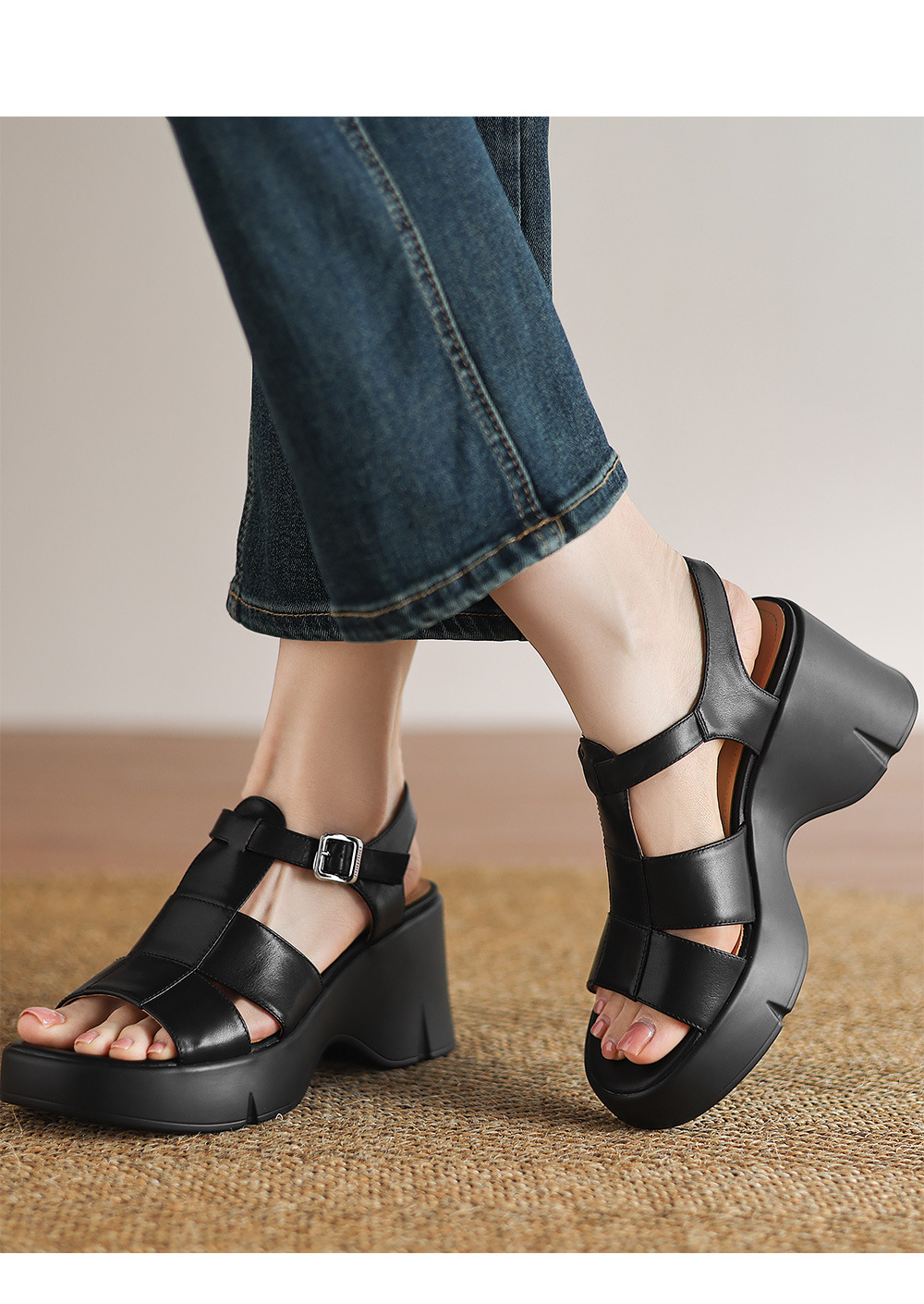Giày sandal cao gót đế xuồng nữ phong cách La Mã, gót 9 cm, quai rỗng thoáng mát — Màu đen, Màu trắng be chi tiết 5
