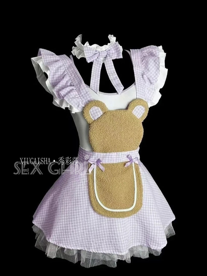 Xiuaisha Maid Costume Lingerie Set with Headpiece, Wrist Cuffs, Bow Tie and Stockings — detail image 12
