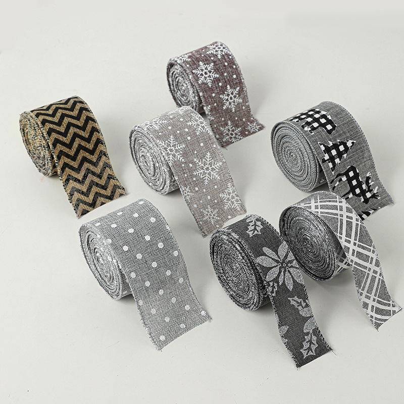 Navidad nueva imitación gris cáñamo cinta 3,8/6,3 cm copo de nieve Polka Dot decoración árbol de Navidad cinta arco