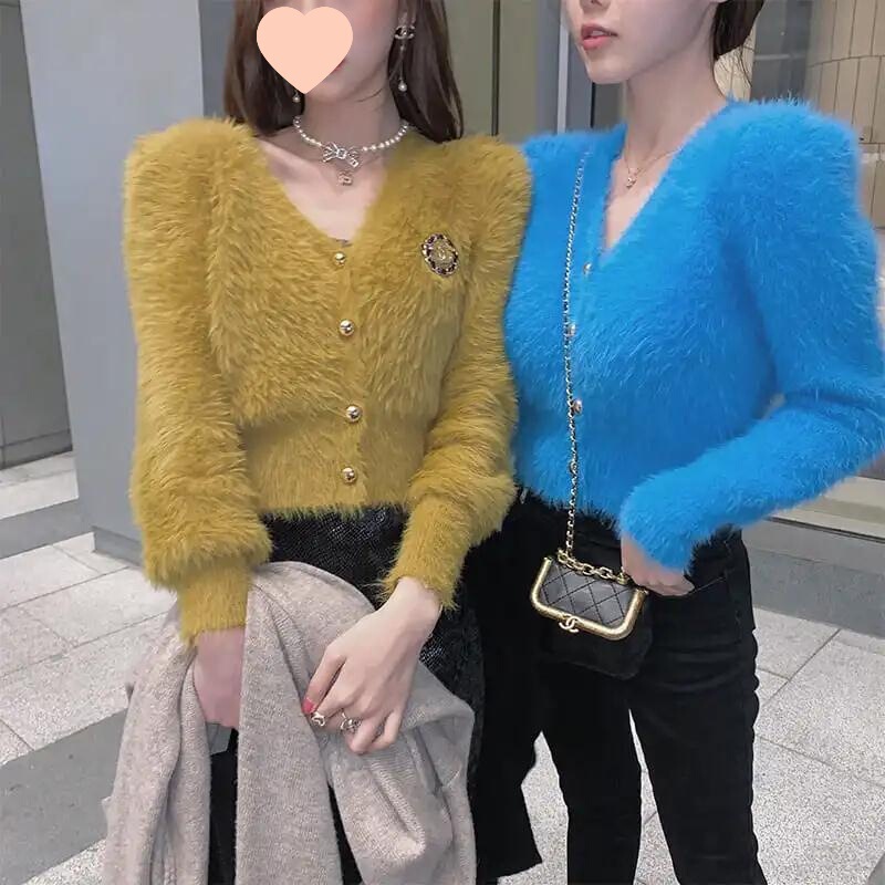 Trendy Mink Cashmere Sweater Women's Coat Autumn Winter New Stylish Versatile Short Cardigan V-Neck Knitwear