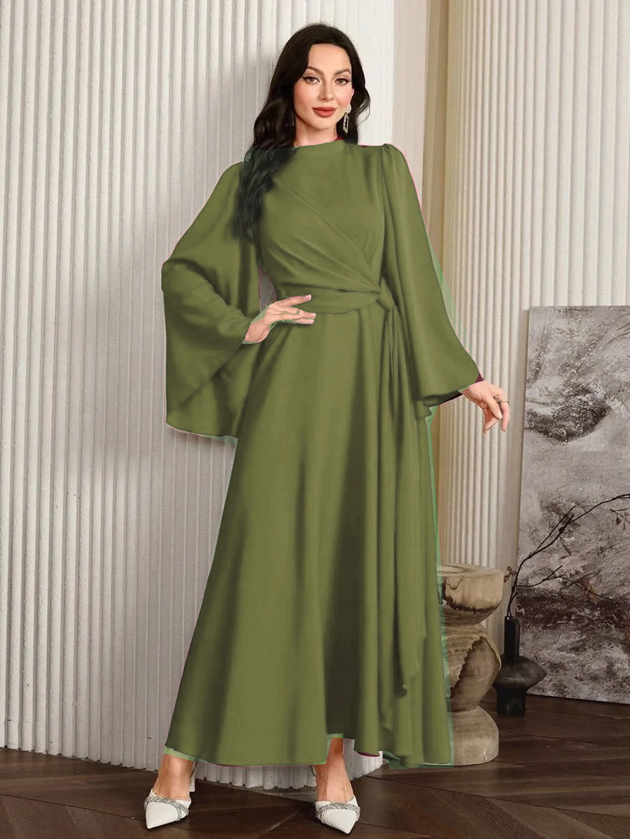 Women's Solid Color Long Sleeved Casual Maxi Dress Slim Fit Stand Collar Back Zipper New European American Style_ecoleips.com