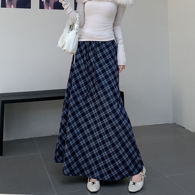 复古气质格纹半身裙女秋季高腰显瘦抽绳包臀长裙遮胯A字大摆伞裙|undefined
