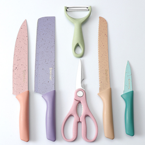 A set of 6 colorful wheat straw kitchen knives, including a chef's knife and a meat knife, presented in a gift box for home use.
