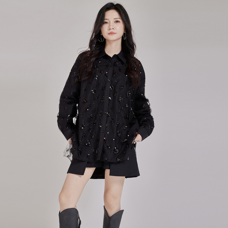 小众设计感重工蕾丝拼接钉珠片衬衫女2025宽松显瘦长袖别致衬衣秋|undefined