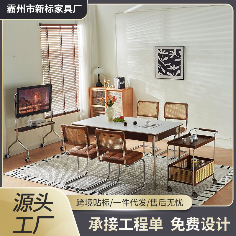 Carefully Selected Dining Table and Chairs Set, Cross-Border Light Luxury, Mid-Century Style Solid Wood Slate Dining Table Set, Dining Table for Home Use, High-End Feel