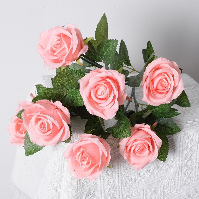Artificial 9-Cabeza de flor Rosa decoración del hogar boda carretera plomo francés tela de seda artificial Rosa artificial ramo al por mayor