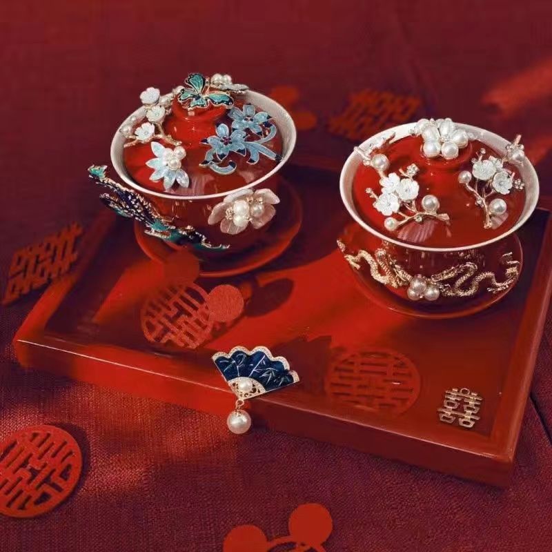 喜结连理敬茶杯婚庆用品陪嫁对杯手作装饰陶瓷盖碗敬茶安零容