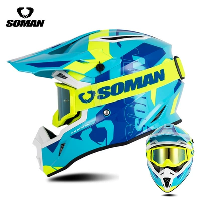 Helmet, Women's Mountain Bike Off-Road: Motosiklet kaskı (dəbilqə) - blue-and-yellow-hurricane-with-yellow-goggles-s