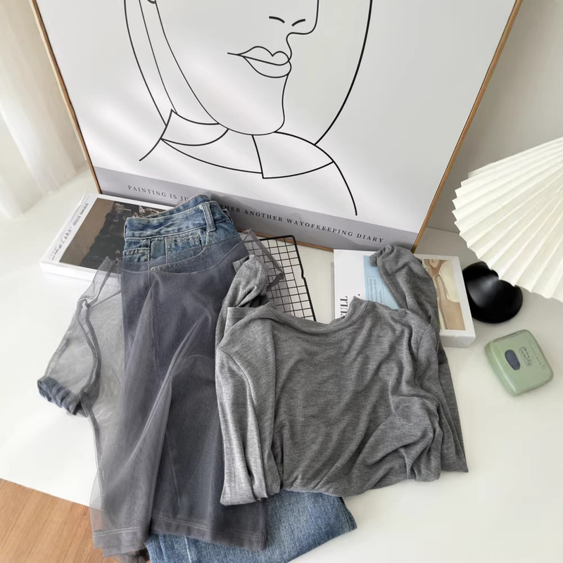 Vintage Mesh Short-Sleeve Round-Neck Long-Sleeve T-Shirt Two-Piece Set for Women Early Autumn New Loose Casual Base Shirt Top 6248 Vintage Mesh Short-Sleeve Round-Neck Long-Sleeve T-Shirt Two-Piece Set for Women Early Autumn New Loose Casual Base Shirt Top 6248