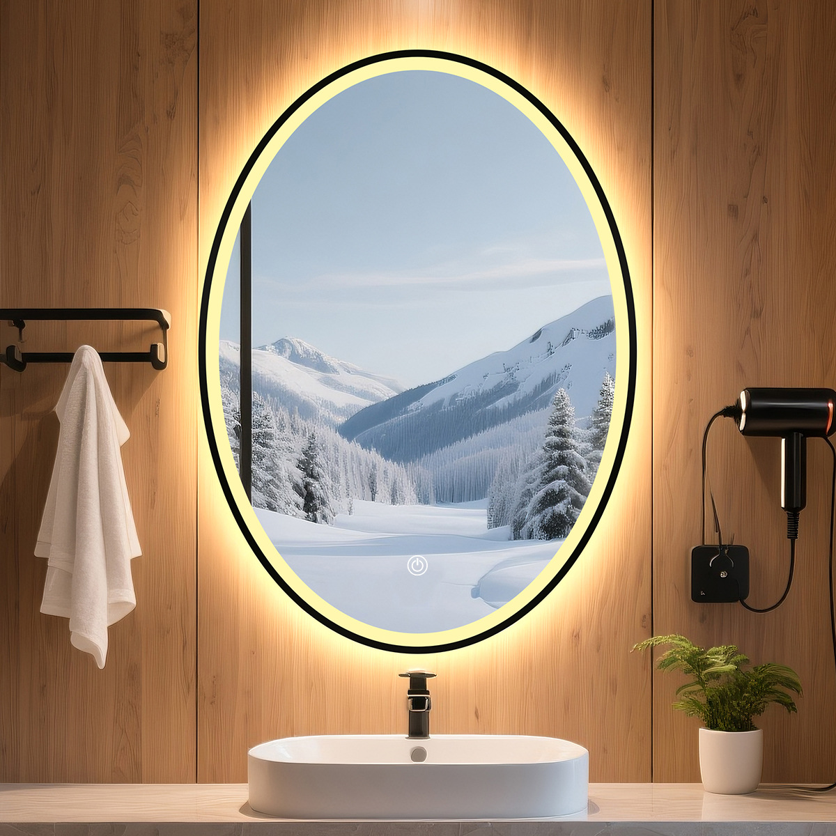 Hoteles transfronterizos residenciales espejo inteligente con marco de aleación de aluminio sin perforación de pared LED con lámpara de lámpara anti niebla baño elíptico