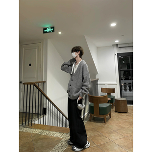 Knitted Cardigan Jacket Men's Spring and Autumn American Men's Collar Sweater Grey Lazy Style Boys' Top Korean Style