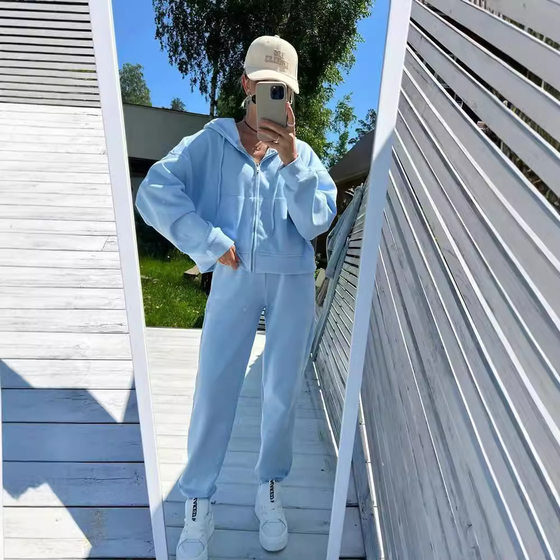 Amazon Cross-border Casual European and American Women's suit Solid Color Long-sleeved Zipper Hoodie Elasto Two-piece Set