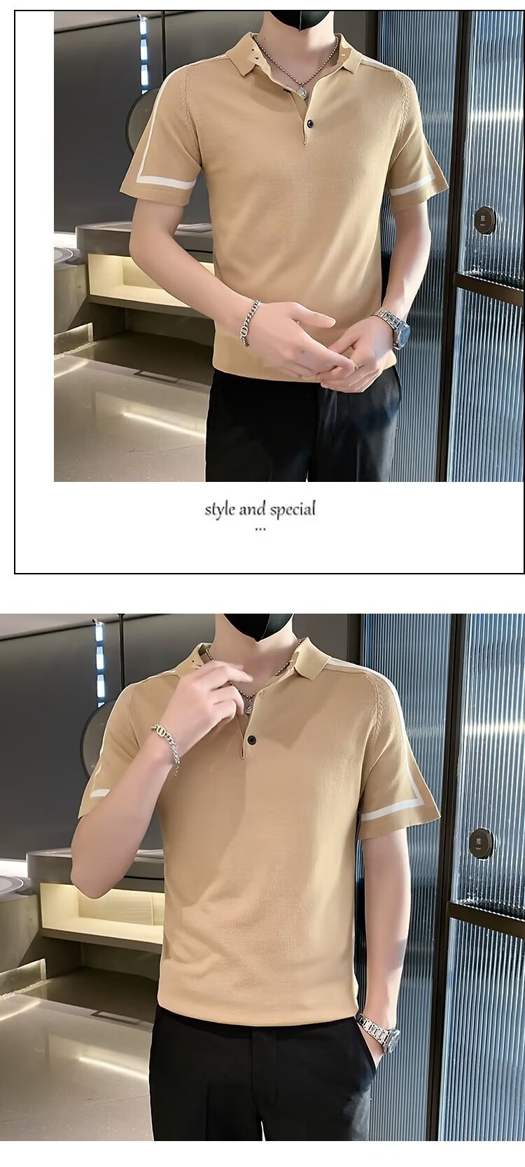 Herr polo randig kort ärm slim fit stickad sommartröja_voghion.com